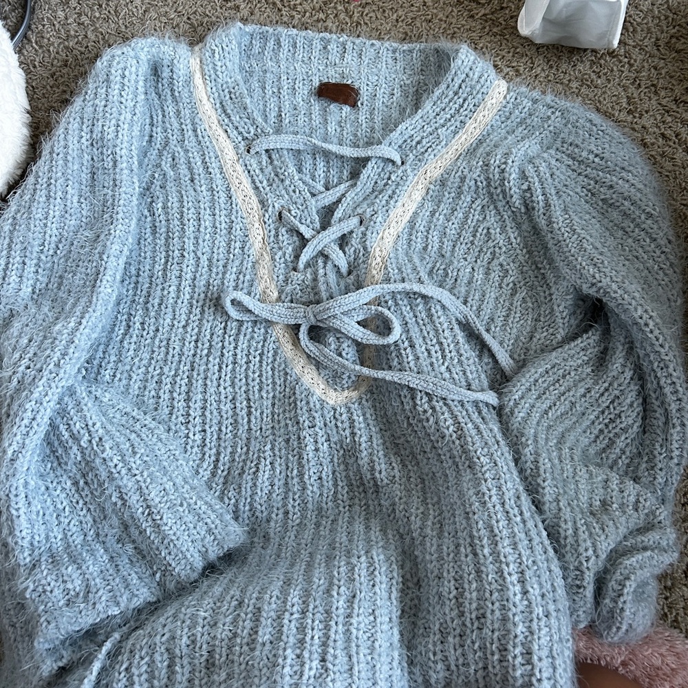 POL Anthropologie Baby Blue Lace Up Sweater Chunky Knit Oversize Boho m